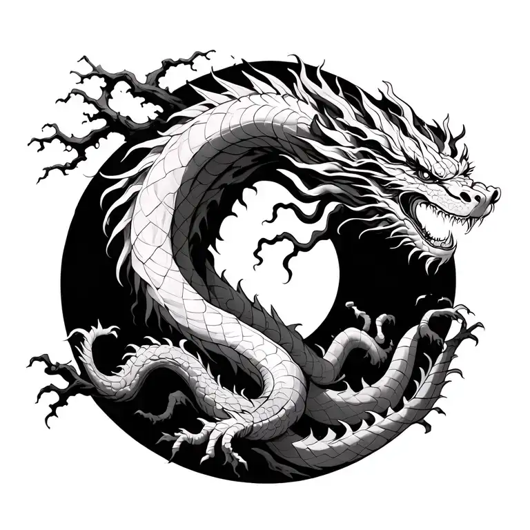 Japanese Dragon Wrapt Around A Dying Tree