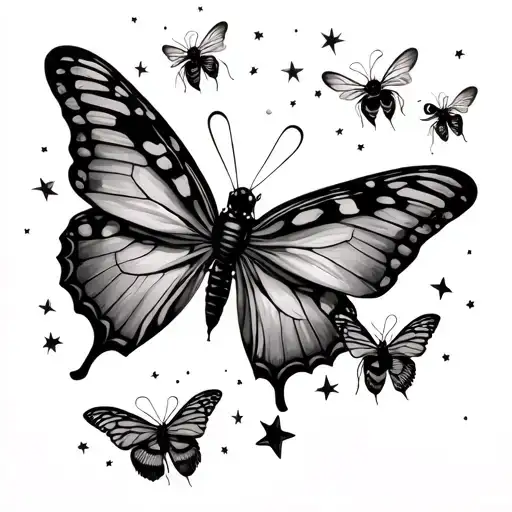 Butterflys And Bees Flying With Stars Scattered