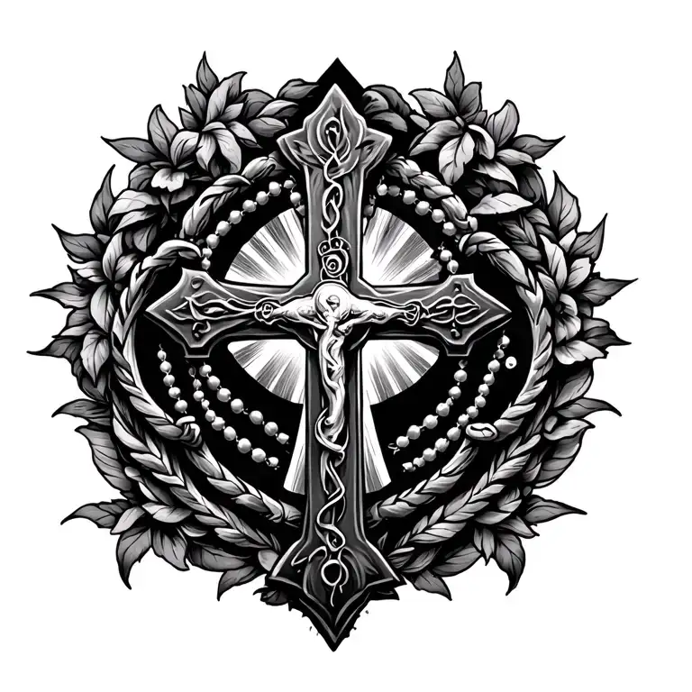 Holy Rosary And Cross Tattoo Design Featuring