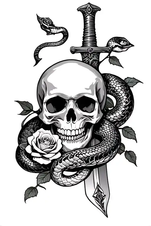 Skull And Dagger With Snake And Roses