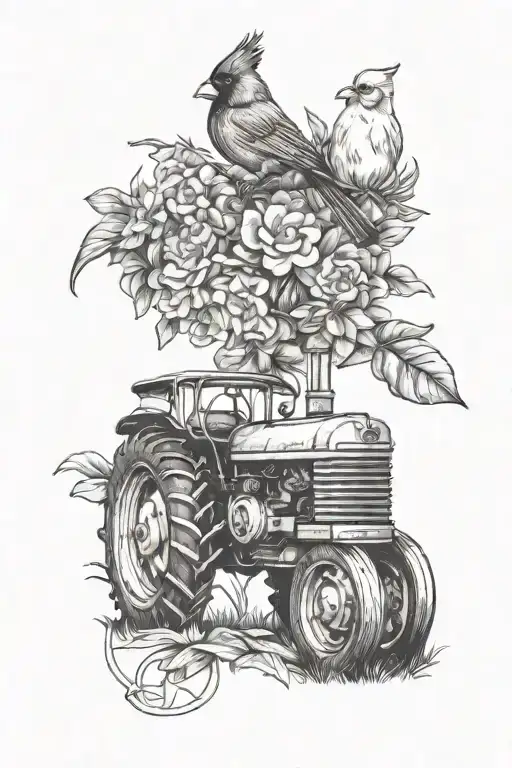 Old Tractor With Cardinal And Flowers Intertwined