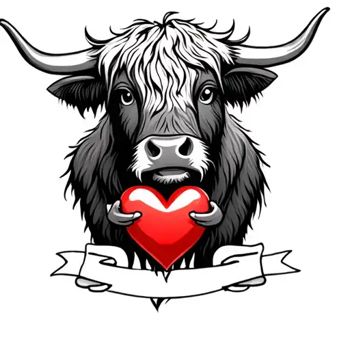 Cartoon Highland Cow Holding A Heart