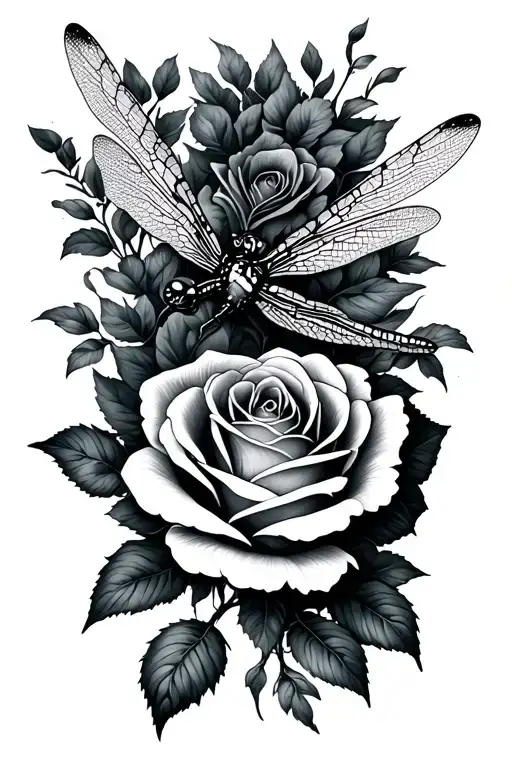 Dragonfly And Rose Flower Intertwined