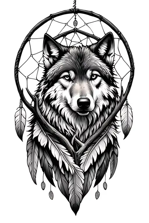 Wolf Under A Dream Catcher Intertwined With Antler And Eagle Feathers