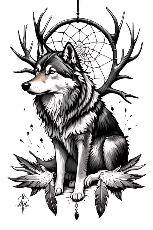 Wolf Sitt8ng Under A Dream Catcher Intertwined With Antler And Eagle Feathers