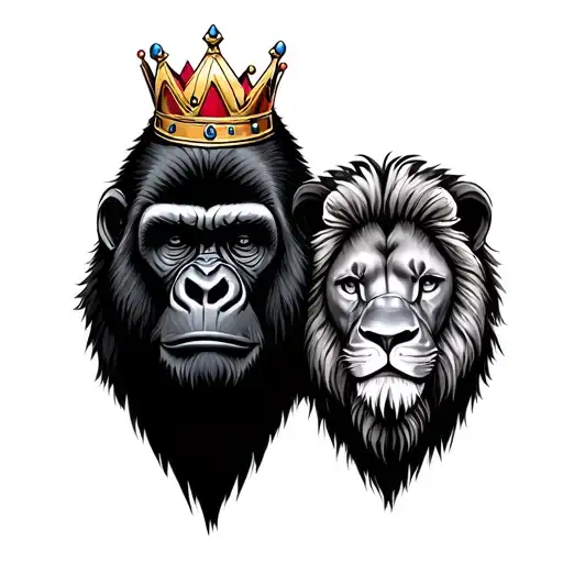 Gorilla And Lion Wearing A Crown
