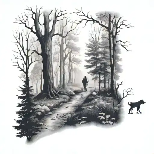 Person Walking His Dog Through A Path In The Woods