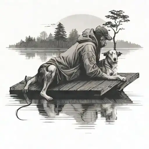 Person With His Dog By His Side Sitting On A Dock With A Lake In Front Of Them With A Tree Line