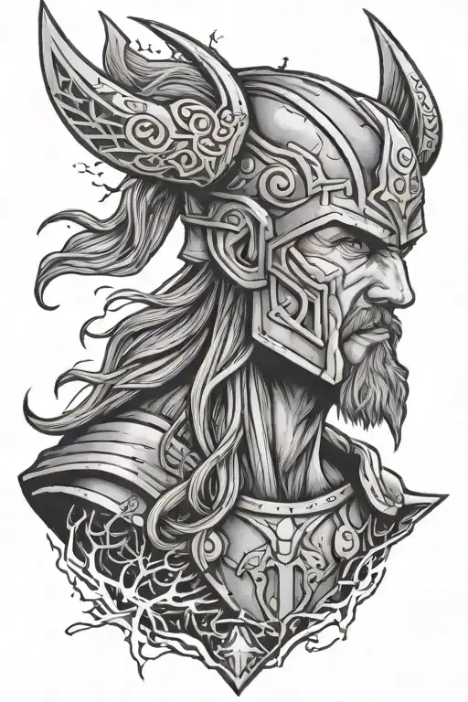 Mythology Thor Face With Lightning And Hammer