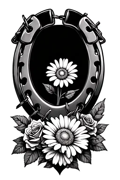 Horseshoe With Daisy And Roses And Barbwire