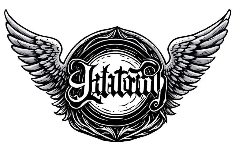 Wings And A Circle With A Few Lettering As A Blackwork Tatoo