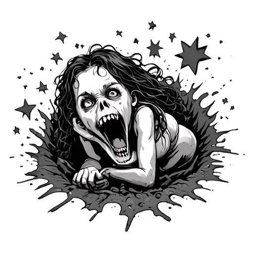 Screaming Girl Crawling Out Of Hole Eating Star