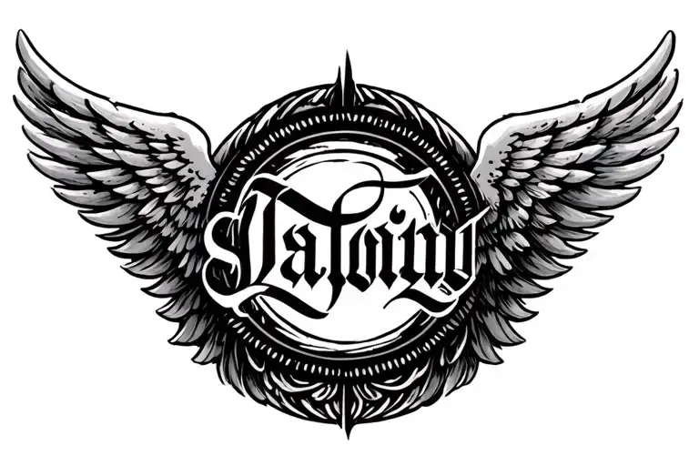 Wings And A Circle With A Few Lettering As A Blackwork Tatoo