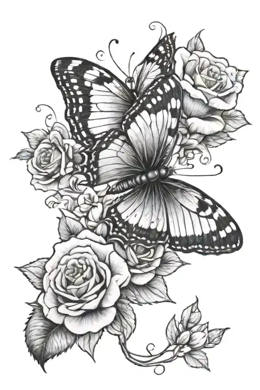 Butterfly And Roses Blooming