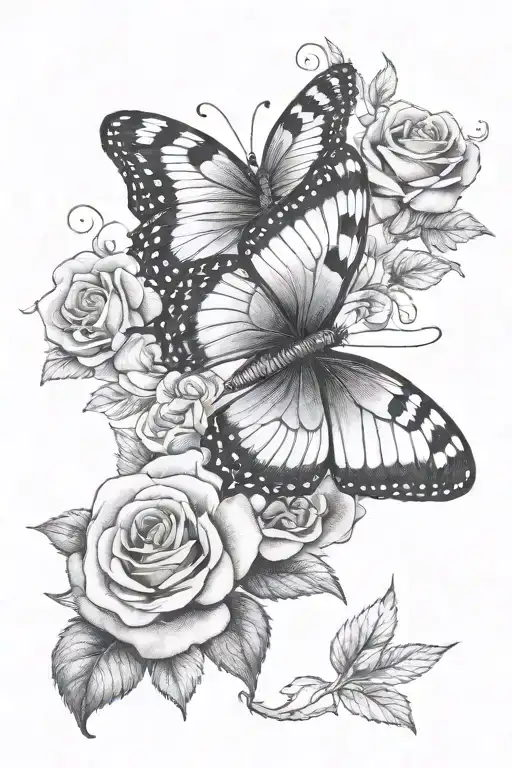 Butterfly And Roses Blooming