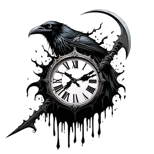 Raven Melting Clock Grim Reaper Holding A Scythe