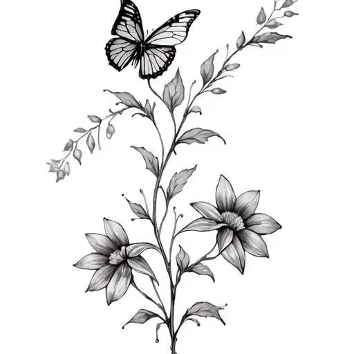 Vine With Butterfly 2 Cosmo Flowers And Two Larkspur Flowers