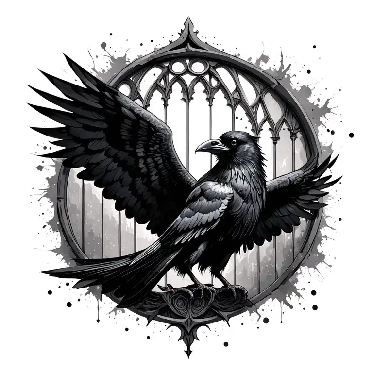 Raven With Opened Wings Needletrees Gothic Cathedral Window Splatter Effects Tribal