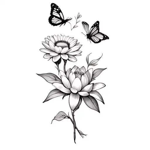 Vine With Butterfly 1 Cosmo Flower 1 Marigold Flowerand 1 Larkspur Flower And 1 Waterlily