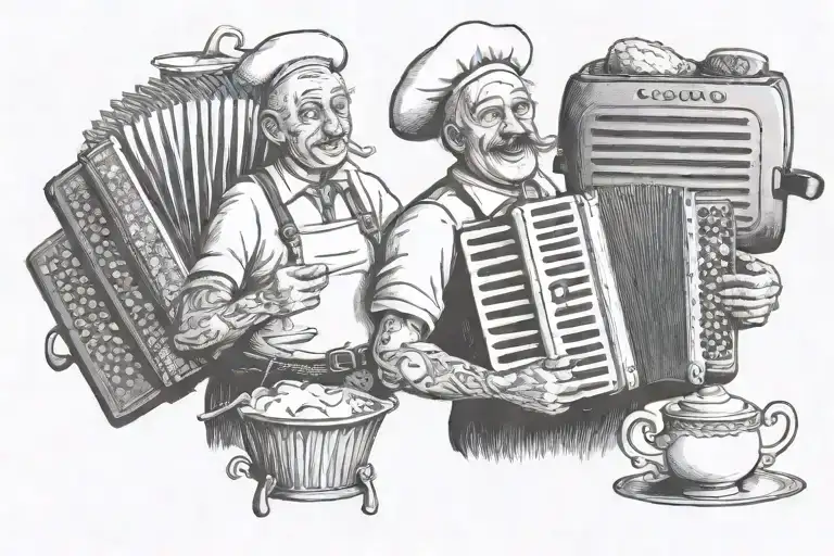 Accordion And Eggcup And A Soccerplayer And A Old Lady Cooking Food