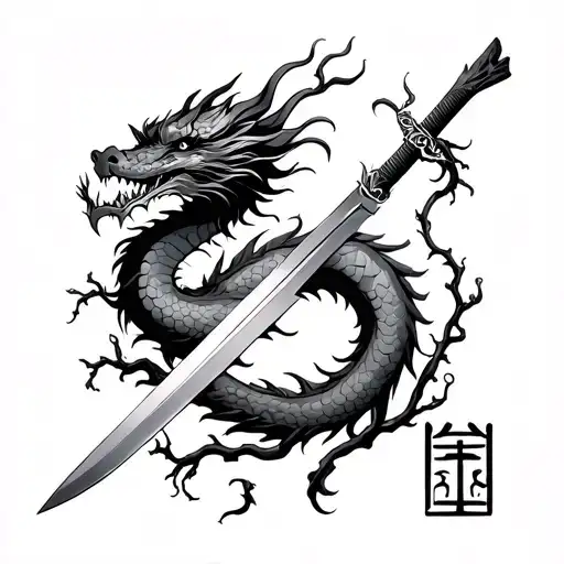 A Chinese Dragon Wraped Arond A Sword And Vines With The Gemini Simbol