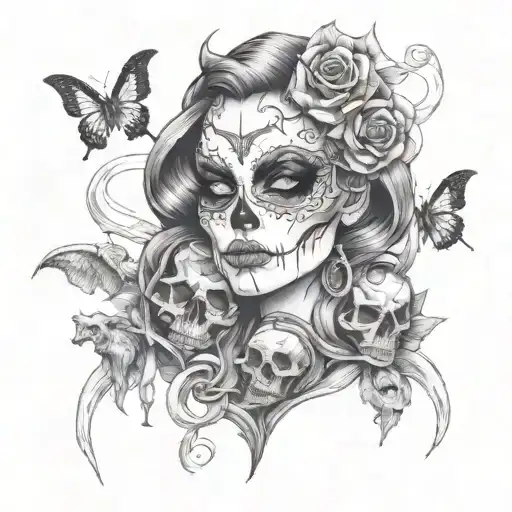 Sexy Demon Woman Surrounded Bye Skulls