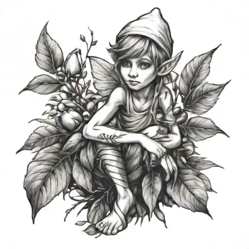 Little Elf Fairy Sitting With Olive Tree