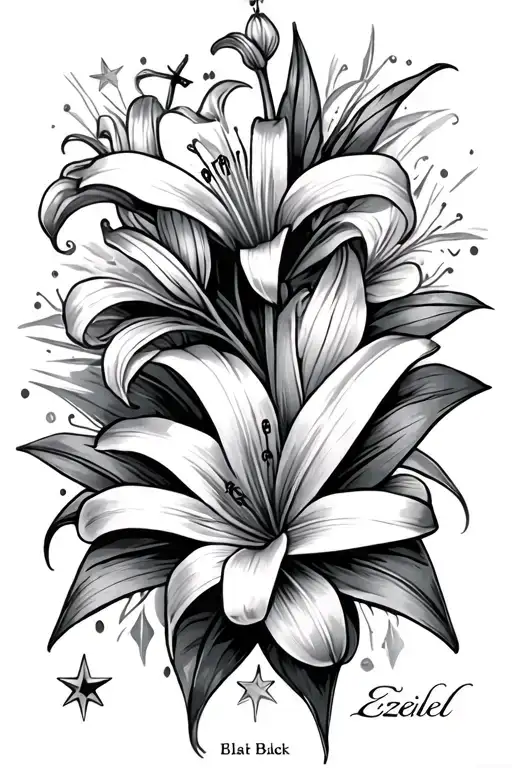 Thigh Tattoo Lilies And Stars With The Name Ezekiel