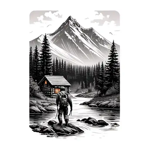 Man Hiking Upstream Next To A Mountain Surrounded By Trees With A Wooden Cabin
