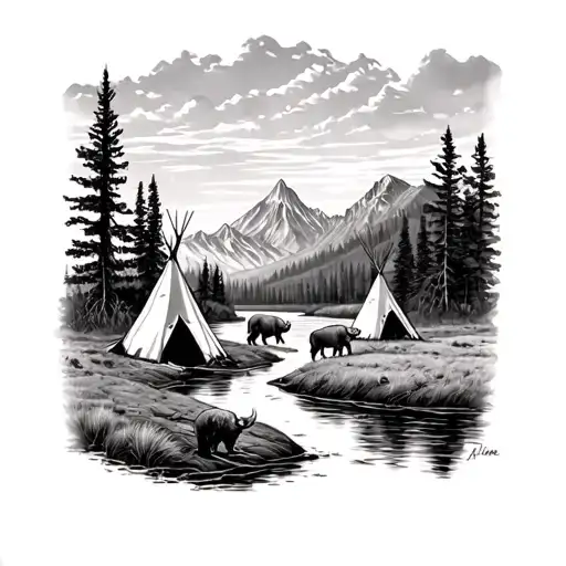 Teepees With Bison By A River And A Mountian And Prarie Landscape