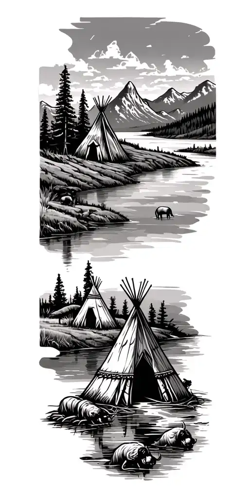 Teepees With Bison By A River And A Mountian And Prarie Landscape