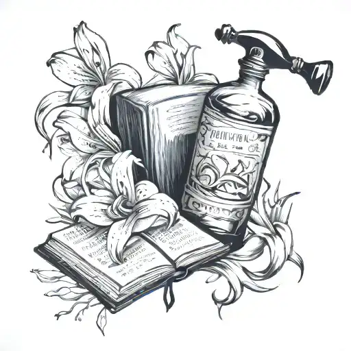Book With Turning Page Paint Brush Alcohol Bottle And Lilies