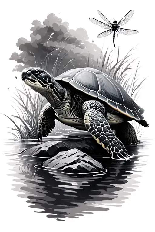 A Realistic Turtle Swimming Under Water With A Dragonfly Sitting On A Rock On Land