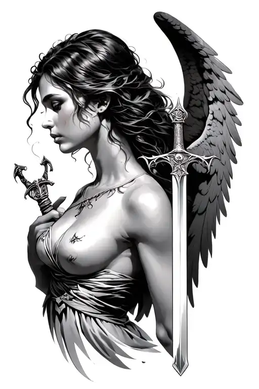 Woman Arch Angel Sword From The Left Side View