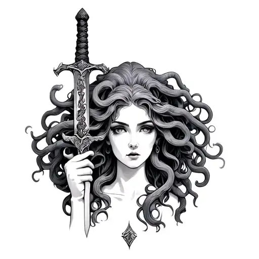 Medusa Holding Sword Entire Body Looking Feminine And Beautiful