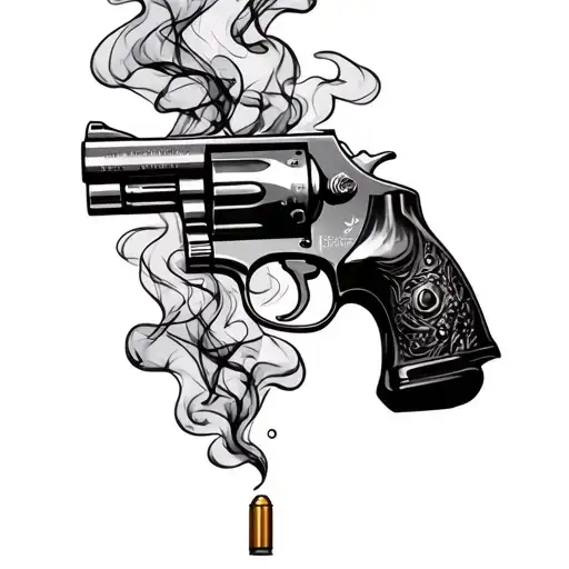 Revolver Pistol With Smoke And Cartridges Only In Black And White And Only The Outlines