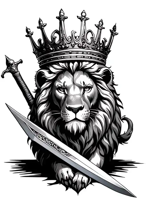 Lion With Crown On Head And Dagger In Ground In Front Of It