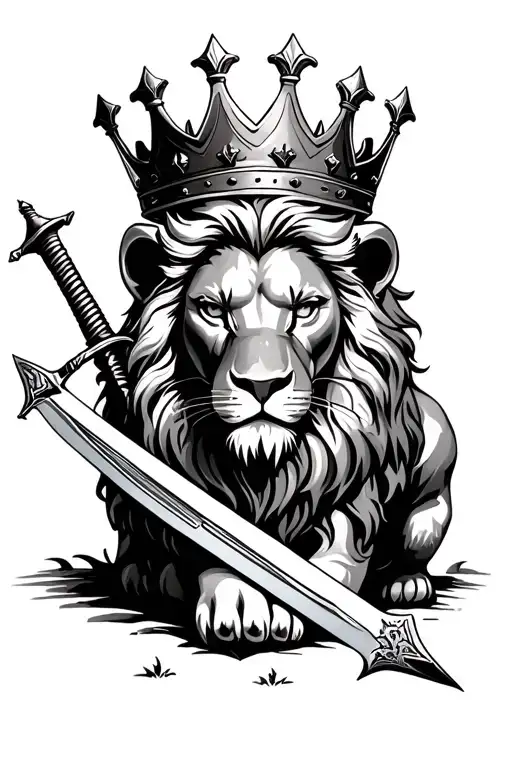 Lion With Crown On Head And Dagger In Ground In Front Of It