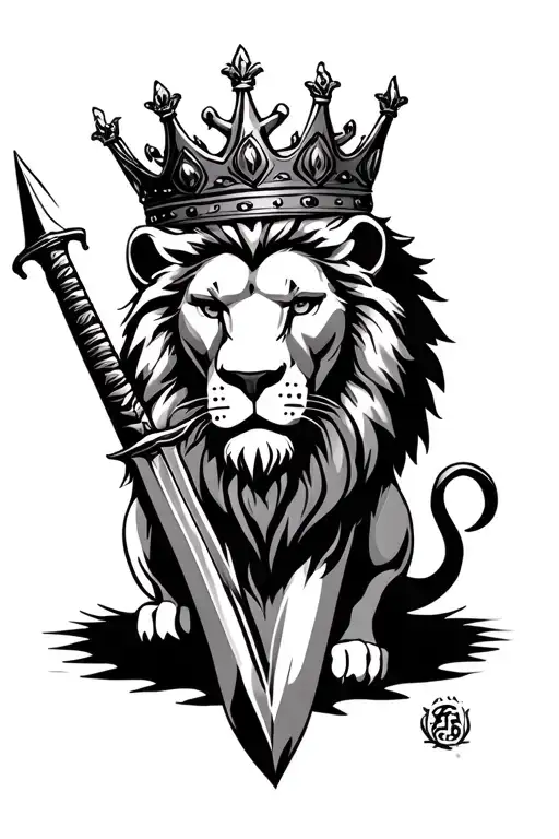 Lion With Crown On Head And Dagger In Ground In Front Of It