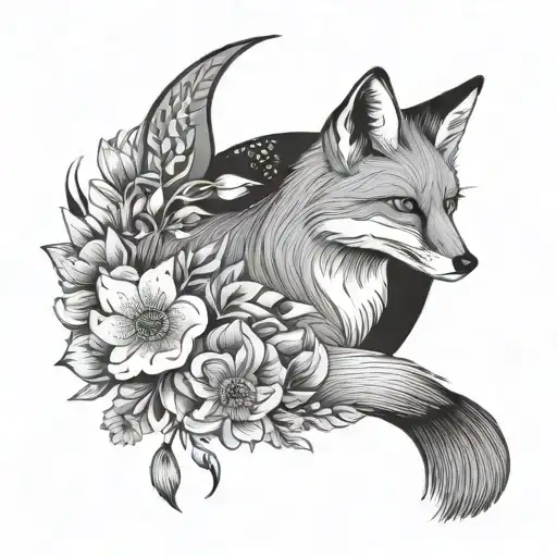Fox And Crescent Moon With Flowers And Tassels