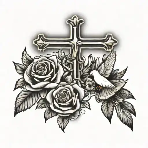 Cross With Roses And Doves Flyig Away