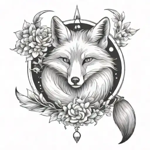 Fox And Crescent Moon With Flowers And Tassels