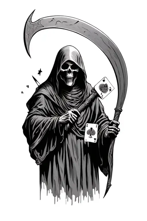Grim Reaper Holding Scythe And Playing Cards