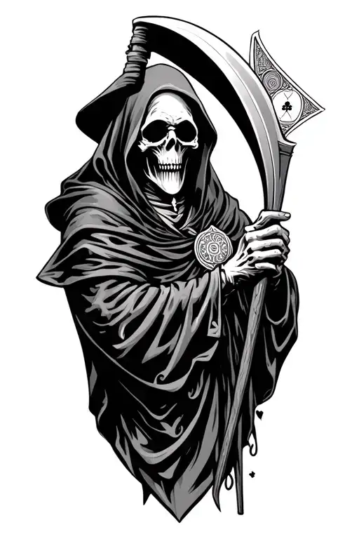 Grim Reaper Bust Holding Scythe And Playing Cards