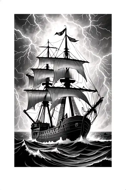 Pirate Ship Sailing Through Lightning Storm Full Ocean Scene Under The Ship