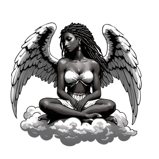 Female Angel With Dreadlocks Sitting On The Cloud Background