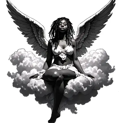 Female Angel With Dreadlocks Sitting On The Cloud Background