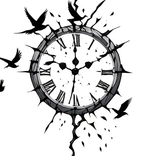 Broken Clock With Birds Flying