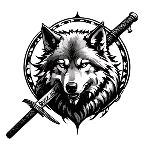 A Wolf Around A Katana Through The Sides Of Top To Bottom