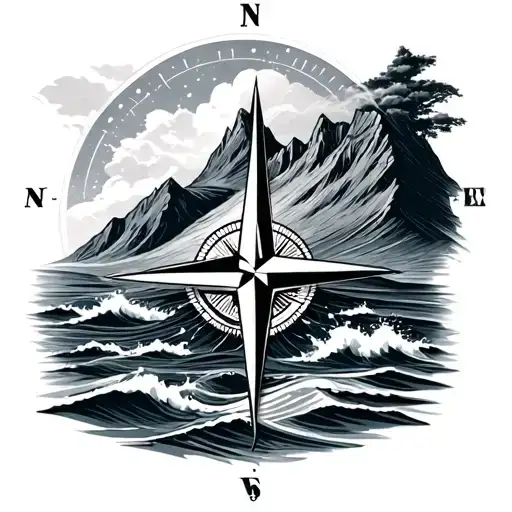 Ocean And Mountain And Compass